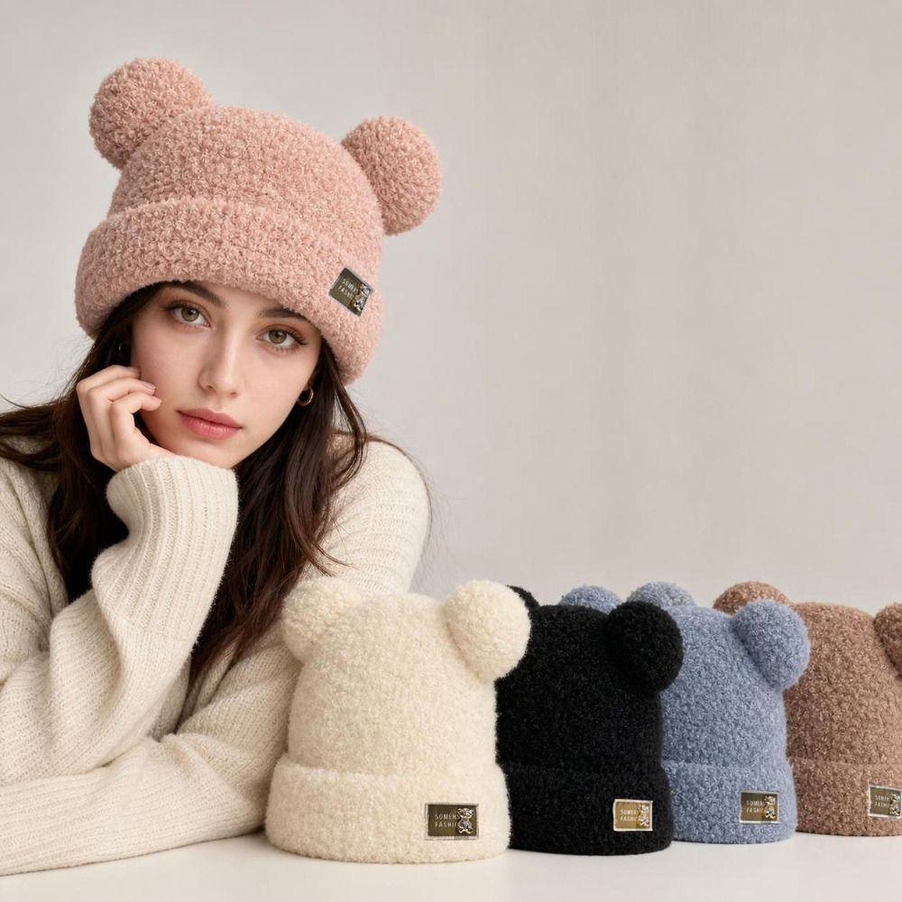 Solid Color Knitted Warm Cap Thickened Bear Ear Hat Fashion Plush Cap  Winter Outdoor