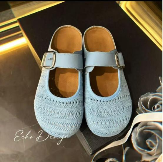 Woven Hollow Bag Head Half Slippers Women's Outer Wear 2025 New Summer with Skirt Mori Versatile Casual Cool Slippers