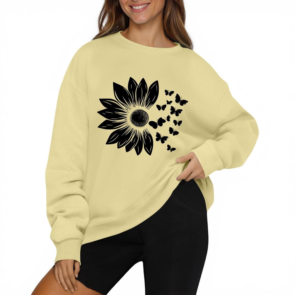 Women's Fashion Casual Long Sleeve Solid Color Printed Round Neck Top Sweatshirt