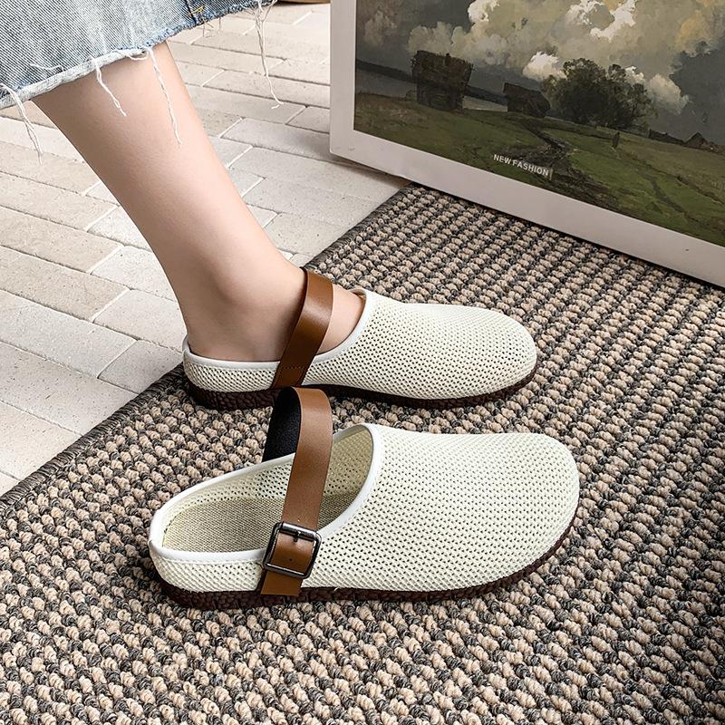 Women's Flyknit Closed-Toe Slides - Breathable Retro Sandals with Cloud Cushion Sole, Versatile Outdoor-Ready Mules for Daily Outfits
