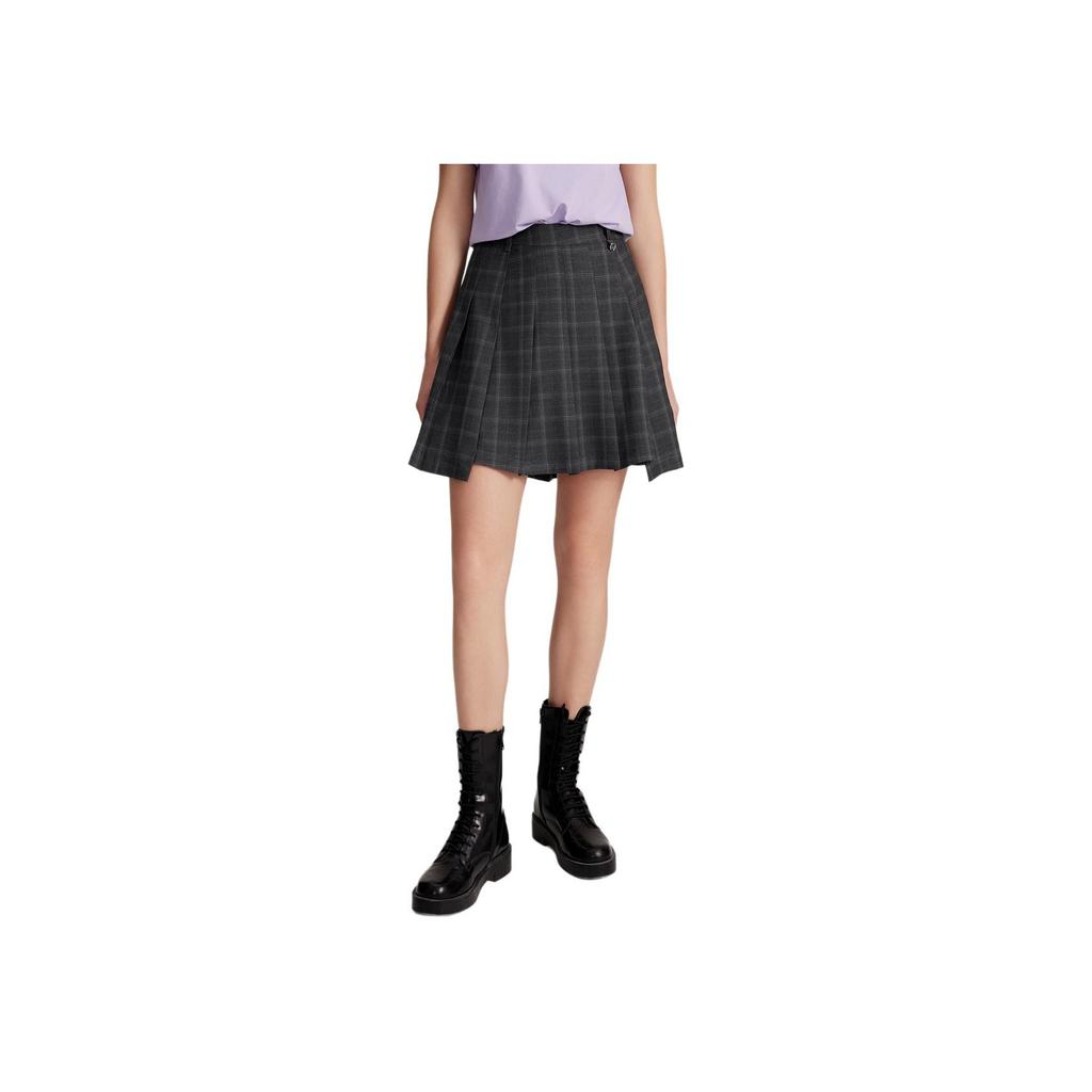 ELLE French Design Hollow Slim Simple Thin Plaid Pleated Casual Skirt Women skirts Gray ER47595