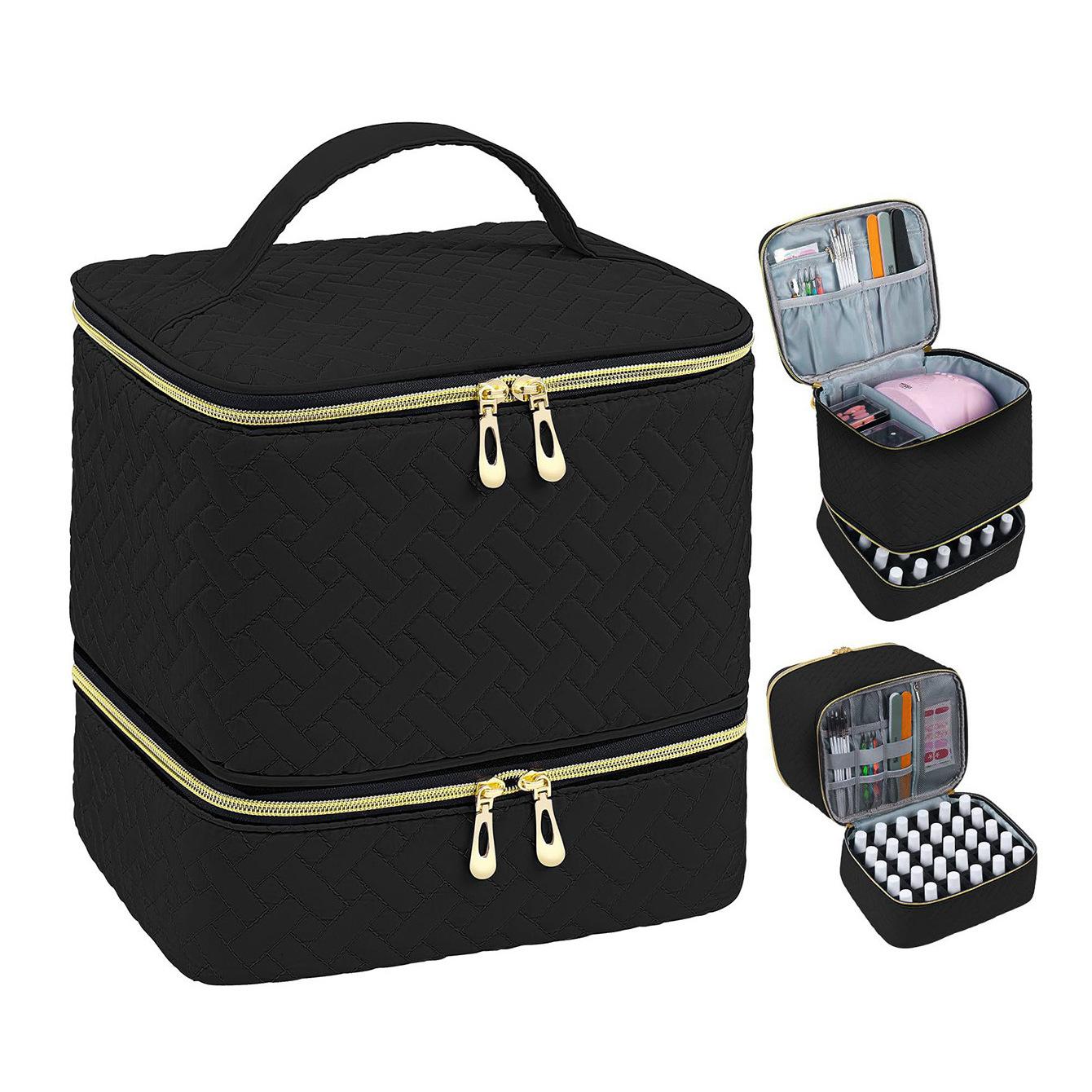 Portable Handheld Double-Layer Large-Capacity Nail Polish Storage Makeup Bag with Elevated Double Zipper чёрный