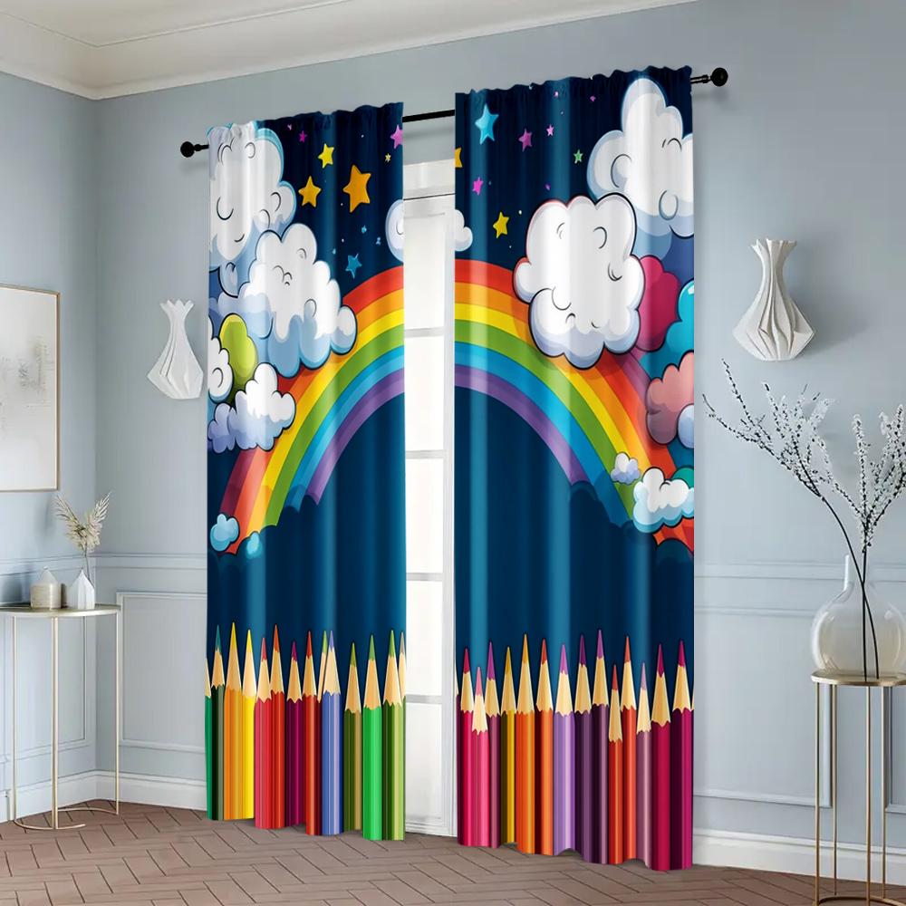 2pcs   Minimalist Curtains Happy Back to School Machine Washable Polyester (without rod) Room Decor Perfect for Living Room