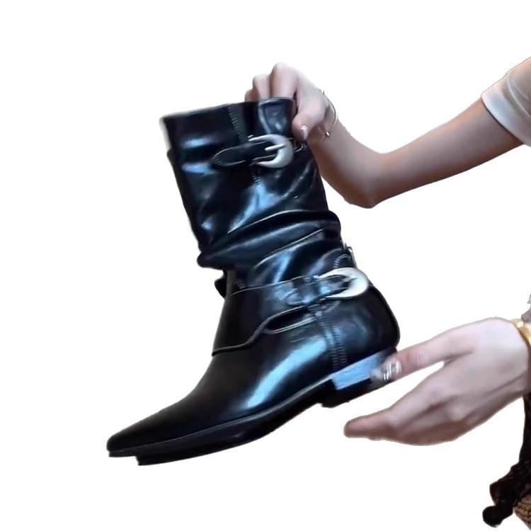 2025 new~ niche design retro Martin boots belt buckle thick heel pointed metal buckle black boots women