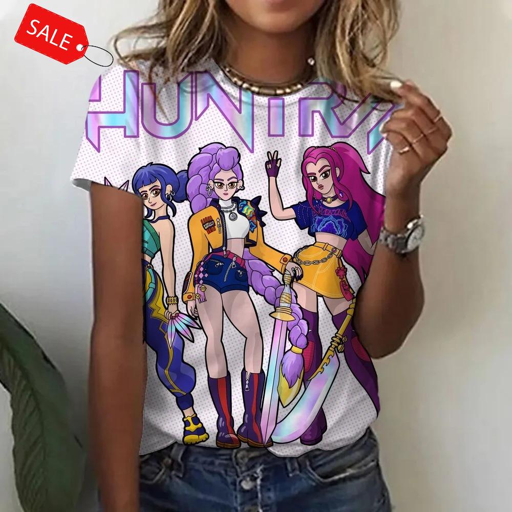 T-shirt Estiva KPop Y2K con Stampa Demon Hunters Donna Manica Corta T-shirt 3D Moda Casual Girocollo Top Largo da Donna