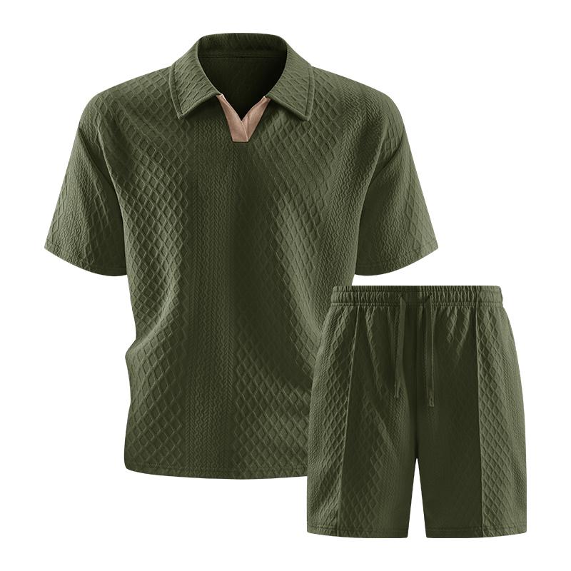 

Men Polo Shirt And Shorts Set Diamond Pattern V Neck Casual Two Piece Outfit S зелёный
