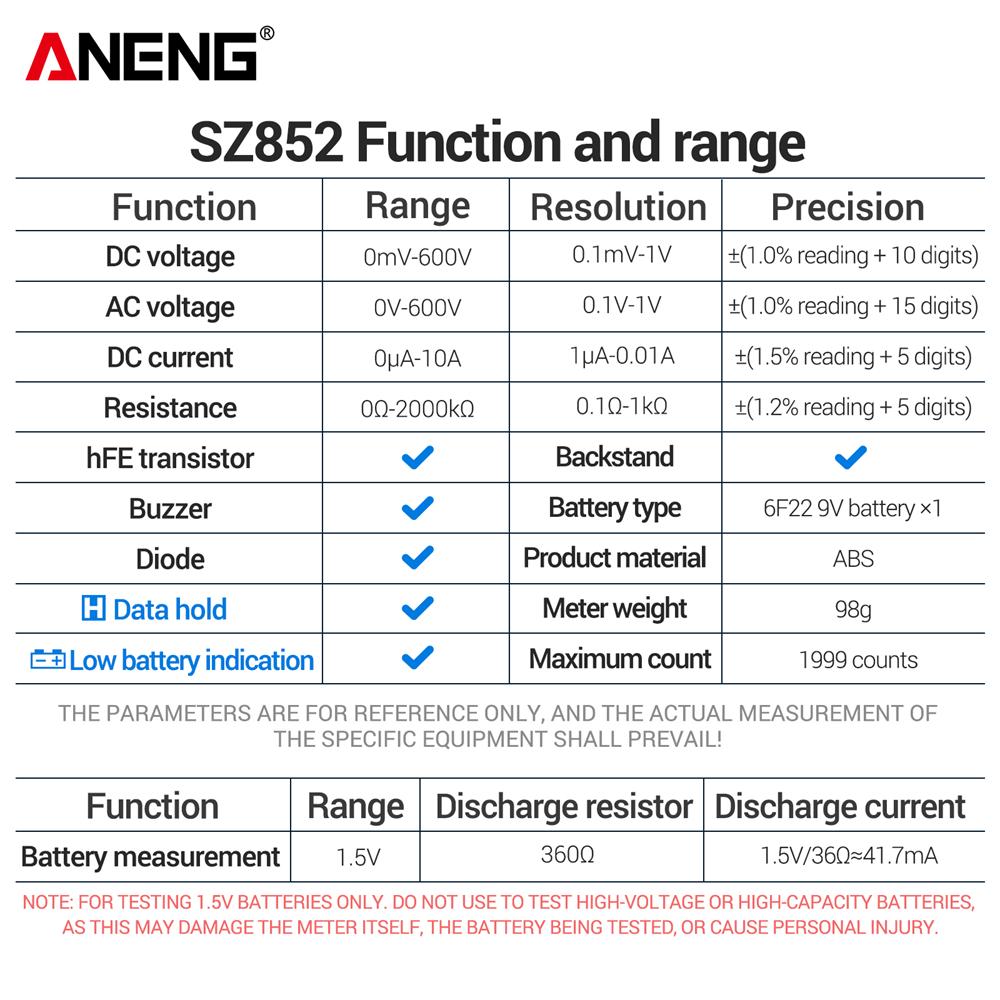 Digital Multimeter ANENG SZ852 Professional 1999 Counts 600V AC DC Voltage Current Resistance Tester HFE Transistor Diode Test with Digital Display