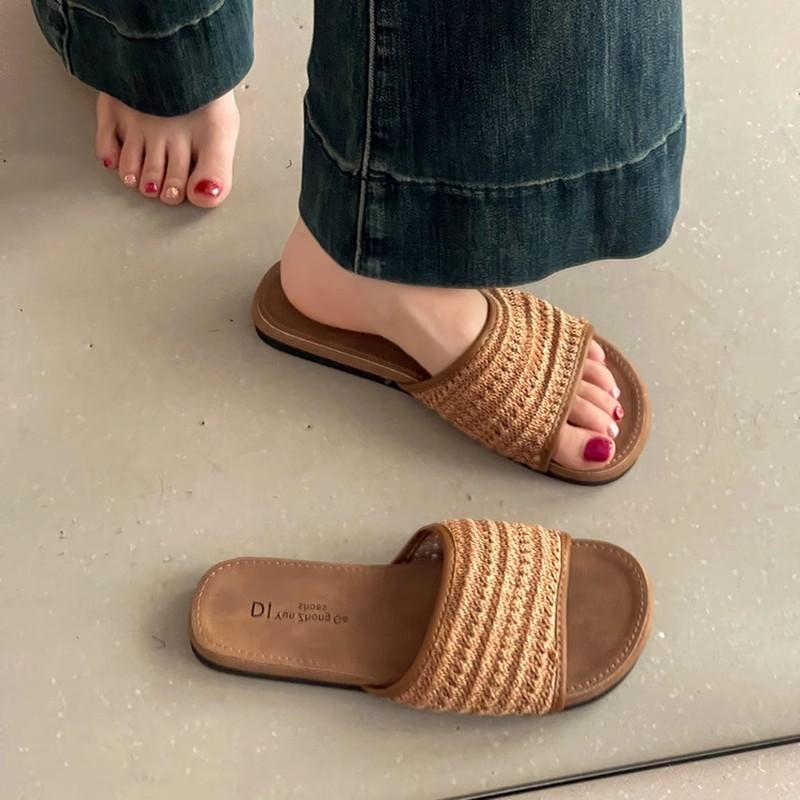Flat Bottom Woven Hollow One-word Slippers Women's Summer Wear 2025 New Bohemian Vacation Travel Cool Slippers Women