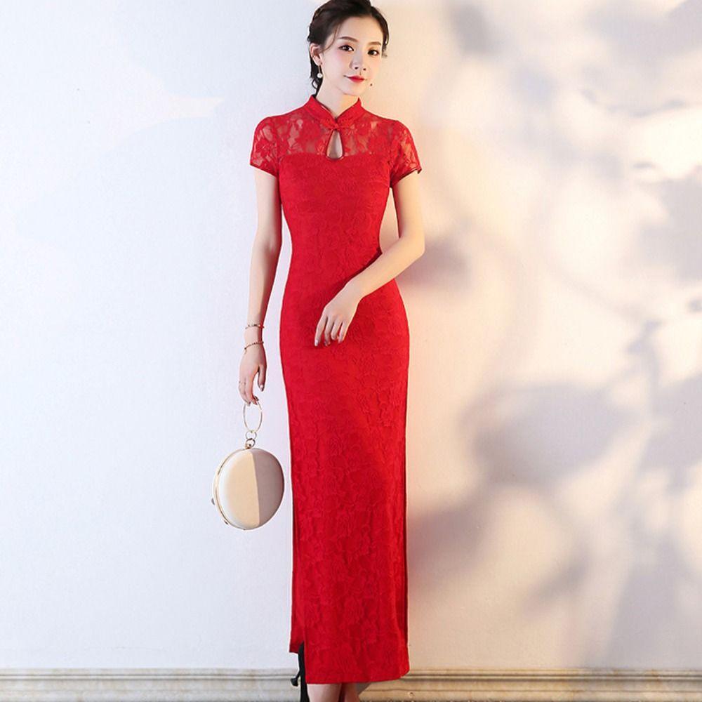 Vintage Chinese Cheongsam Retro Lace Traditional Qipao Lace Vintage Dress Lace Cheongsam  New Year