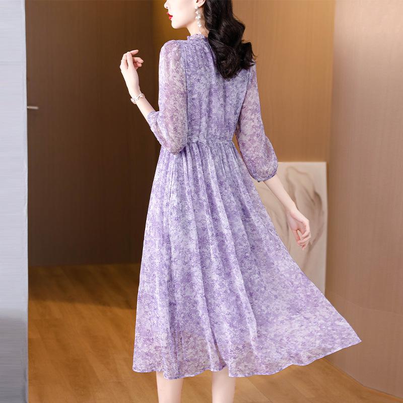 Elegant French V-Neck Floral Dress - Three-Quarter Sleeves, Unique Waist Design for Spring & Summer