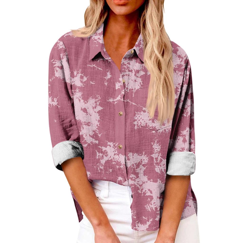Women's Loose Floral Print Stand Collar Long Sleeve Cotton And Linen Top