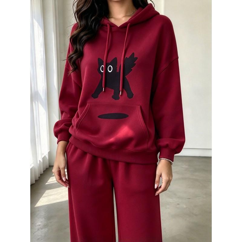 Womens Casual Hoodie Sweatshirt Set Black Cat Print Loose Fit Loungewear