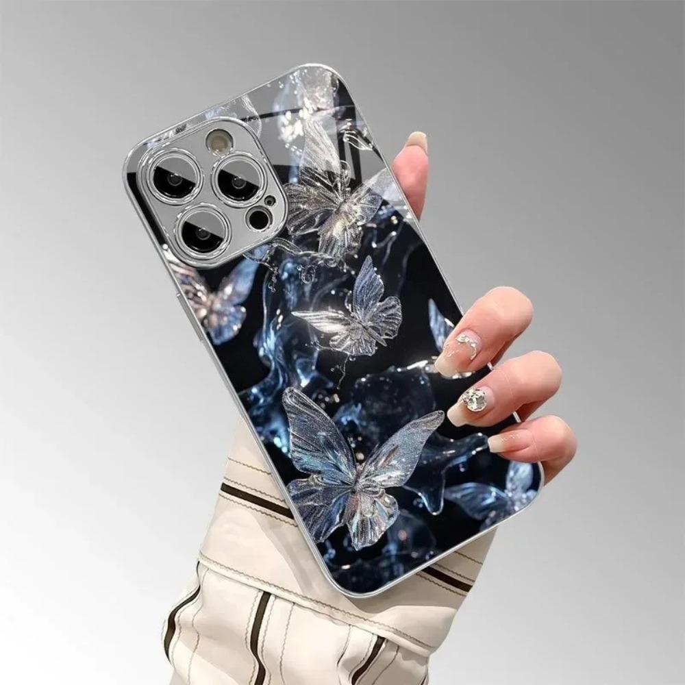 Crystal Butterfly Pattern Electroplated Silver Tempered Glass Phone Case For Iphone 17 16 15 14 13 12 11 Pro Promax Plus Cover