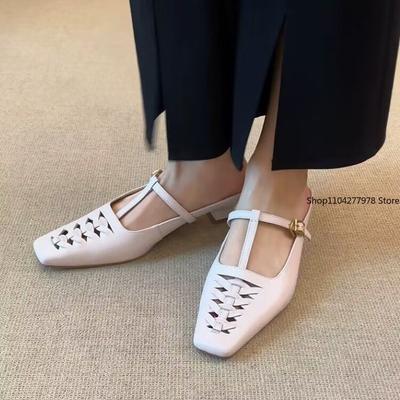 Fashion 2025 New Summer Women's Pumps Shoes Slippers Hollow Women Fashion Low Heels Square Toe Chunky Heels Sliver Ladies Sandals