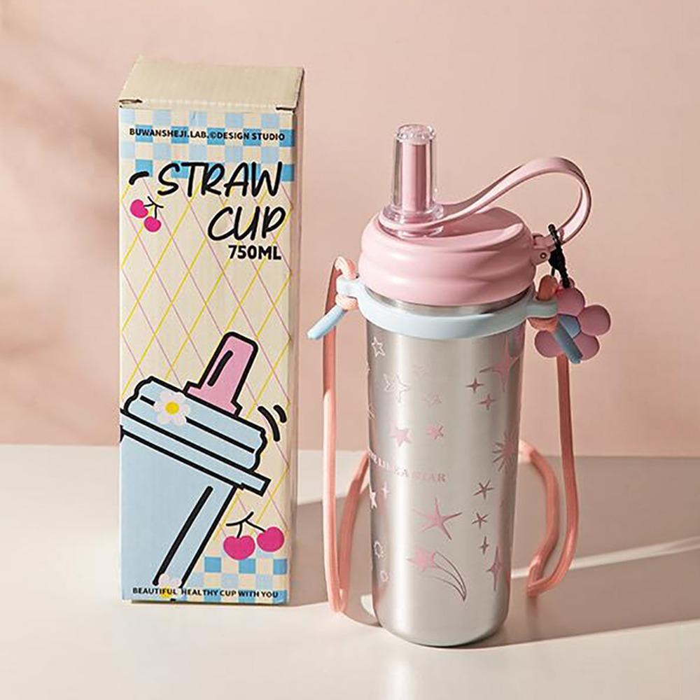 

750ML Straw Thermal Cup Large Capacity 316 Stainless Steel Vacuum Flask With Lifting Rope&Strap Tea Storehouse Coffee Cup School 750ml срібний