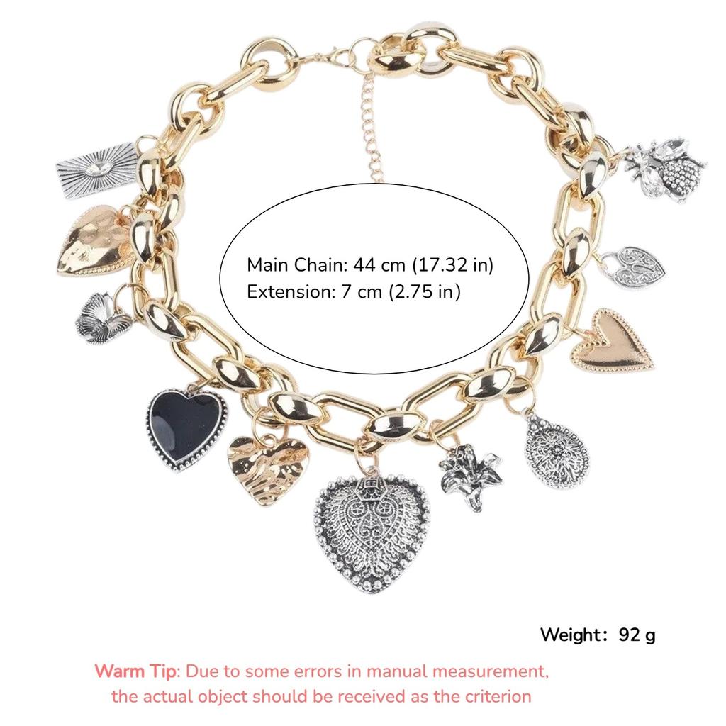 Gold Chunky Link Chain Charm Necklace, Multi Vintage Heart Pendant Statement Necklace for Women