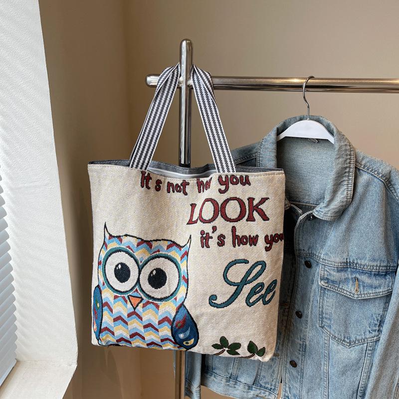 Women s Large Cartoon Embroidered Canvas Tote Handbag