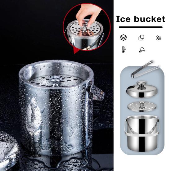 1.3L Double-Wall Ice Bucket with Lid And Tong 6-Hour Cooling Beer Chiller for Bar Home 304 Stainless Steel Insulated Ice Container