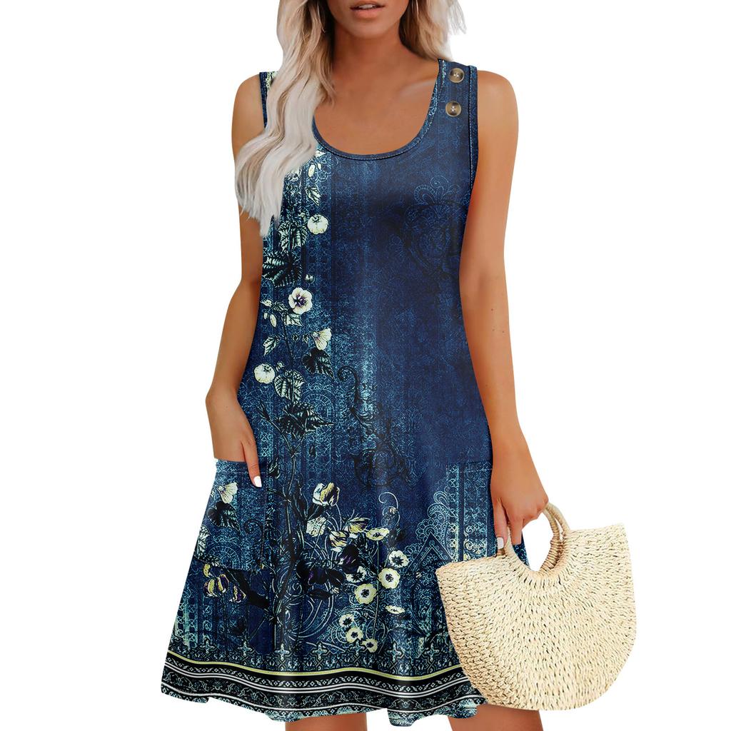 Summer Dresses For Women Beach Boho Sleeveless Printing Flowy Pocket Tshirt Tank Sundresses