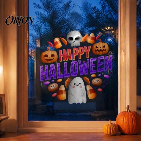 Durable Sunproof Glass Stickers Halloween Window Clings, Cute Ghost Pumpkin Skull Happy Sticker, Reusable Skeleton Theme Party Supplies Double