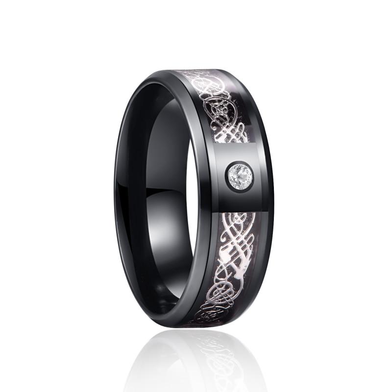 8Mm Men Black Red Stainless Steel Finger Ring Viking Dragon Blue Cubic Zirconia Inlay Finger Ring Nuptial Bridal Band Beveled Edge Comfort FitTrendy