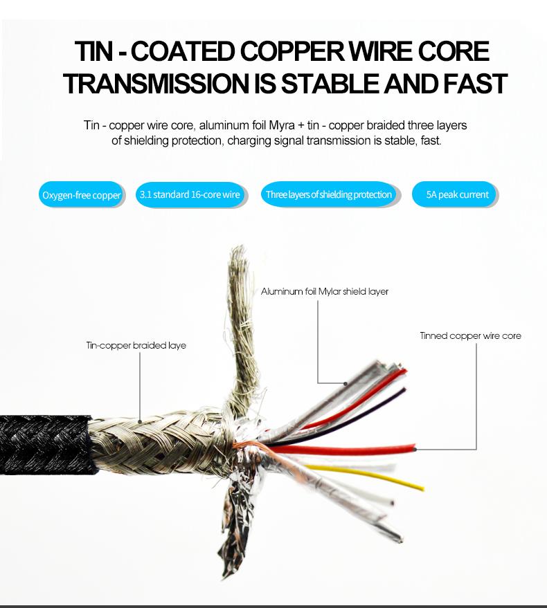 USB3.2 PD100W Type-C C Cable 5A Fast Charging 20GBps High-Speed Data Transfer Nylon Braid Jacket Aluminum Alloy Core Computer