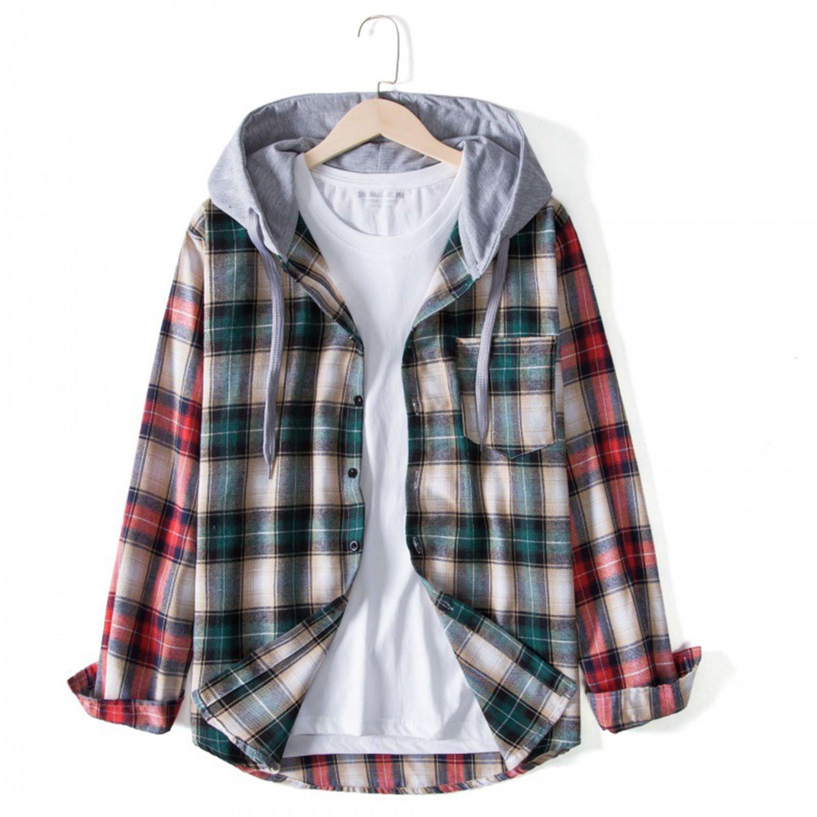 

Мужская рубашка в клетку Модная свободная рубашка с капюшоном и большой контрастной прострочкой XL зелёный