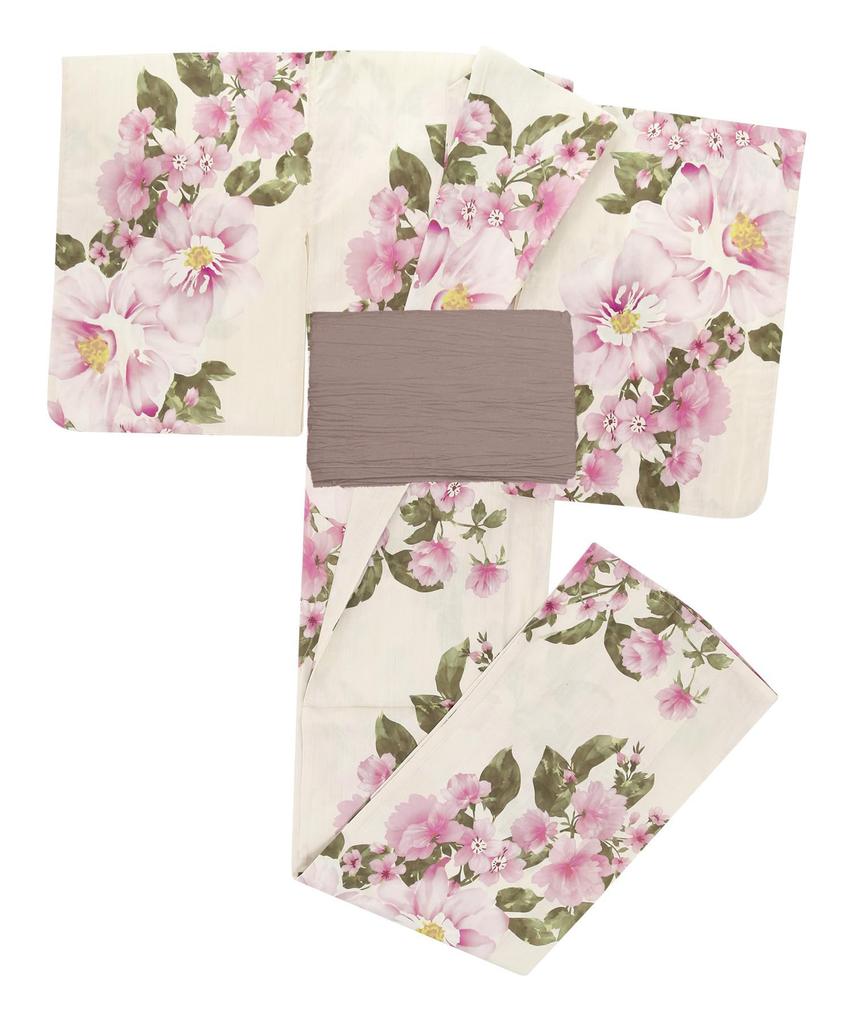 Yukata Set for Change 2 Piece Set Heiko Junior Girls H Mellow [KYOETSU] Girls, Ecru, Weave, (Yukata, Obi) (7. Mauve, 130cm)