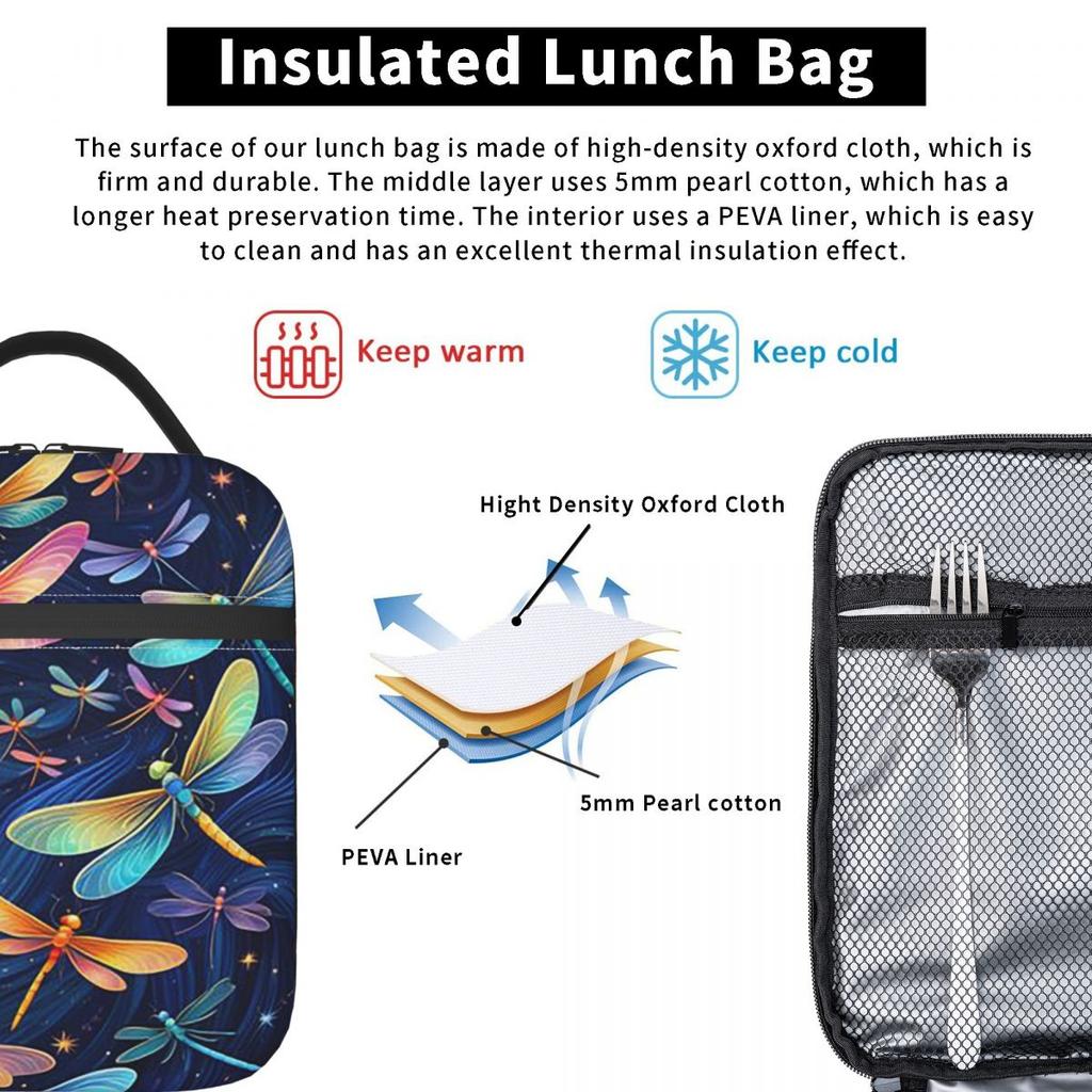 Colorful Dragonfly With Flower Insulated Lunch Bag for Women Children Portable Food Boxes Thermal Lunch Box Tote