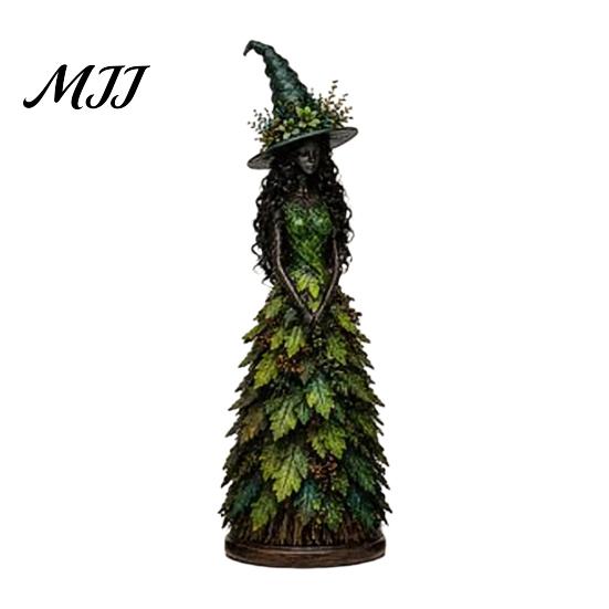 Halloween Witch Figurine Autumn Figurine, Fall Tabletop Statue with Leaf Resin Sculpture Table Ornament Gown, Seasonal Decoration for Mantel