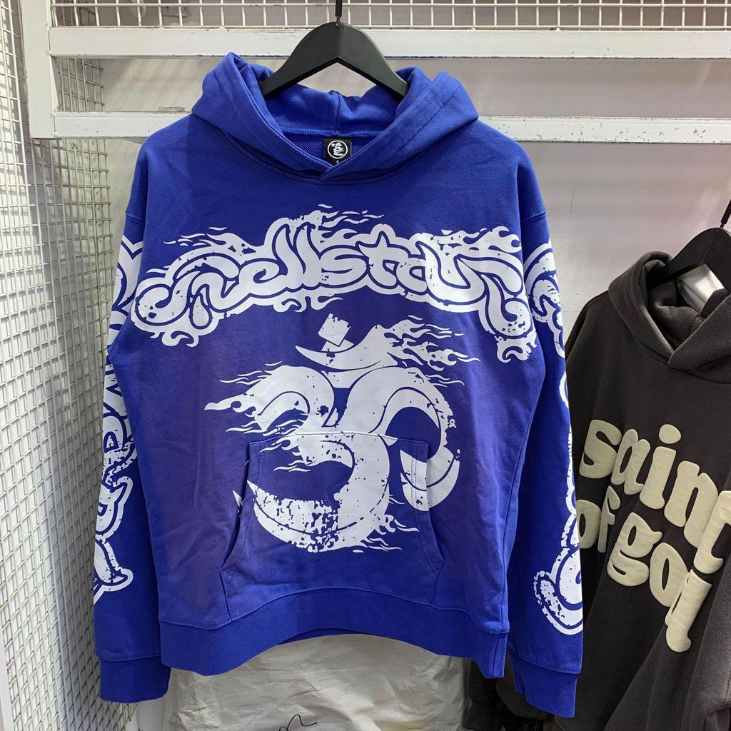 Hellstar Ausgefranster Retro Lockerer Reißverschluss Reiner Baumwoll Hoodie - Amerikanischer Hip Hop Stil