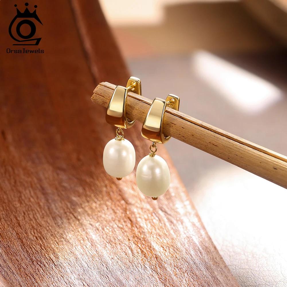 ORSA JEWELS Elegant 14K Gold Genuine 925 Sterling Silver Dangle Pearl Earrings with Handpicked Natural Pearl for Women GPE130