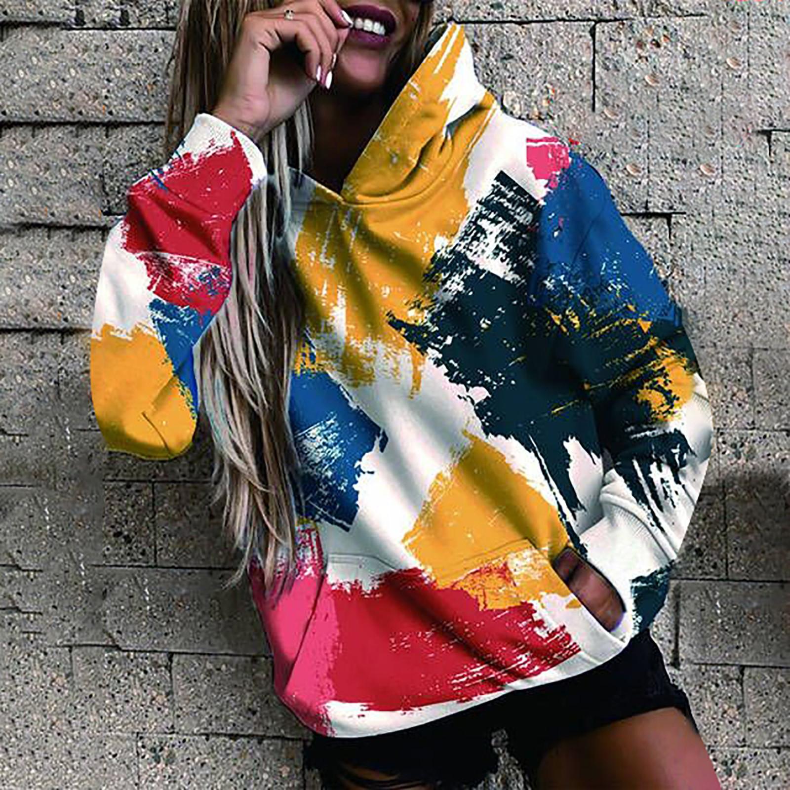 

Women s Fashion Casual Loose Tie-dye Print Stitching Long-sleeved Hooded Kangaroo-pocket Sweater L жёлтый