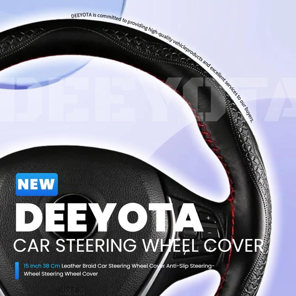DEEYOTA Car Steering Wheel Cover Universal Fit Round Stitch Steering Wheel Wrap Thin PU Leather Steering Wheel Cover Sewn On 15" Car Wheel (Black)