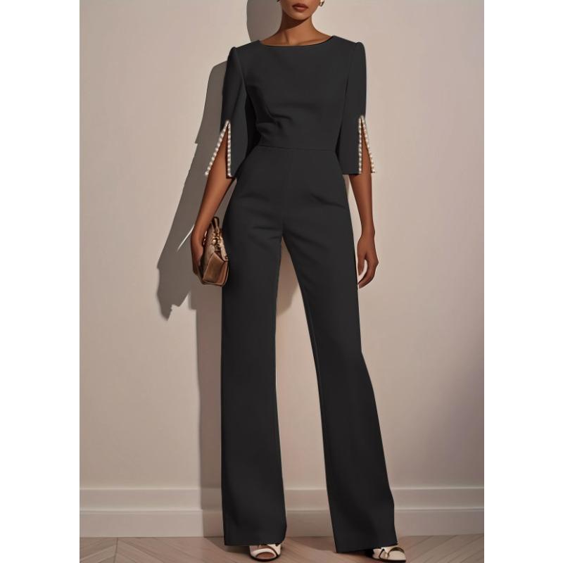 women's Pearl Embellished 3/4 Sleeve Solid Color Slim Fit Straight Leg Jumpsuit Evening Party Romper