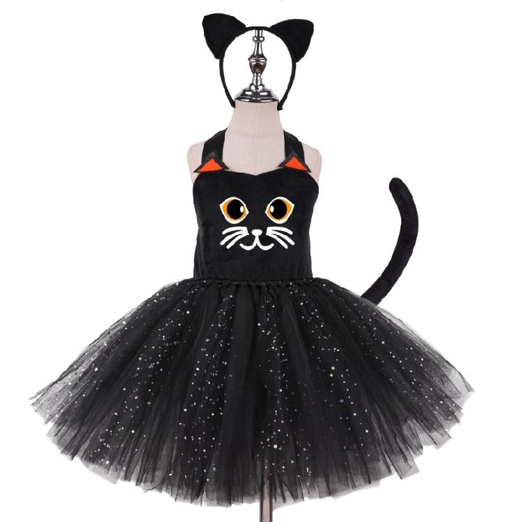 Kids Animal Costume Cats Ears Headband Tutus Dress Set Cats Costumes Accessories for Halloween Party Decors