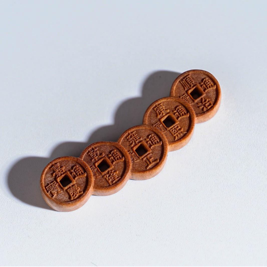 Hand-Carved Sandalwood Five Emperors Coin Pendant Necklace