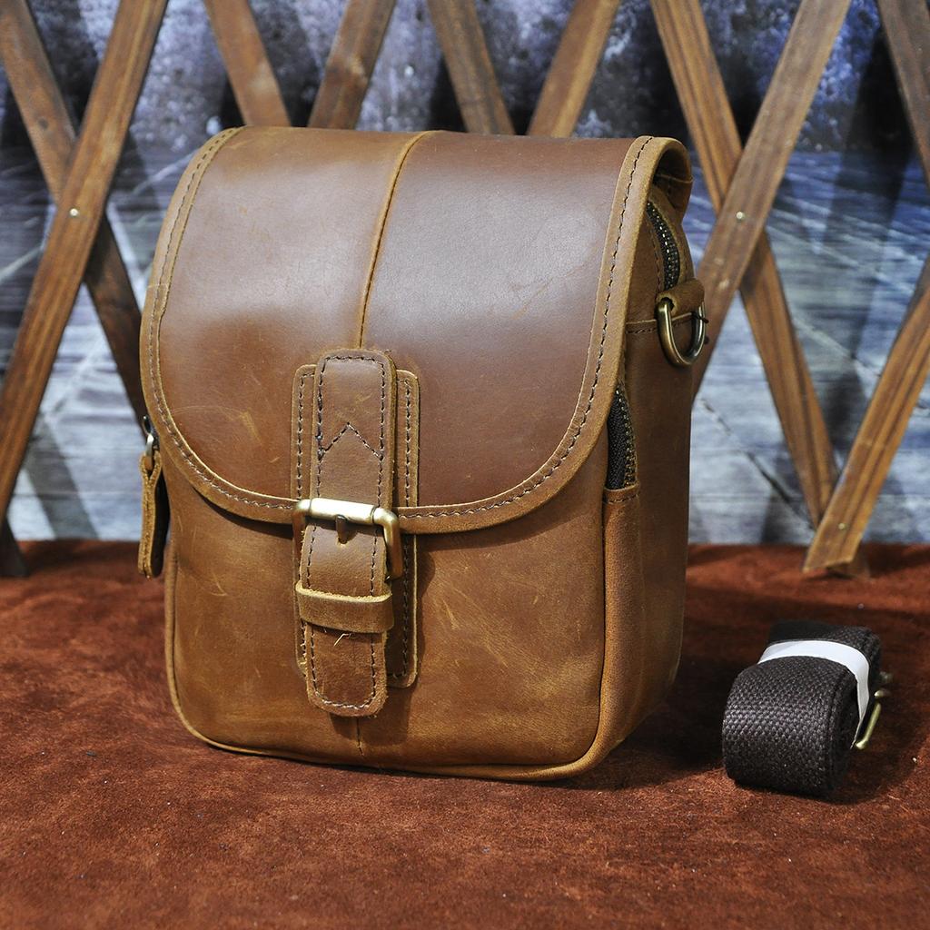 Men Genuine Crazy Horse Leather Waist Pack 7-Inch Vintage Outdoor Hip Bag with Hook Phone Camera Pouch Male Crossbody Bags