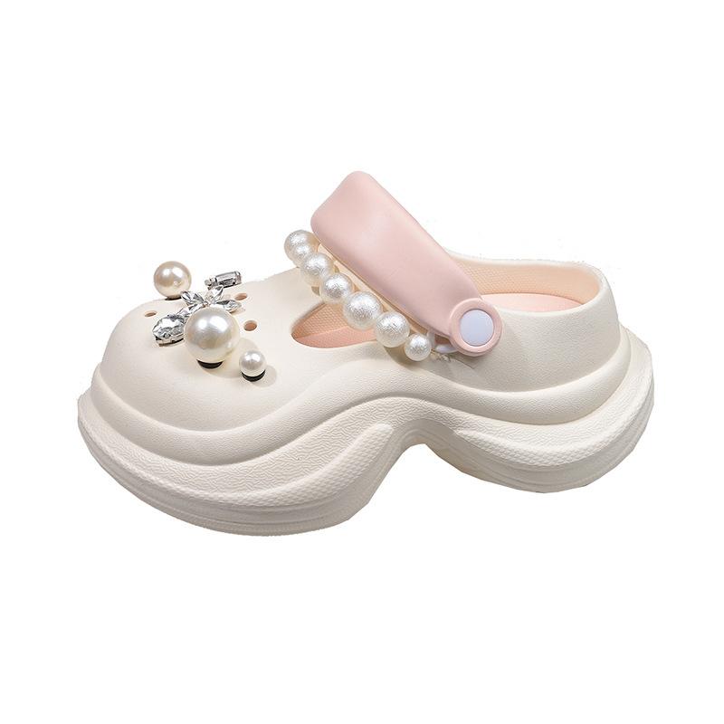 Thick-soled hole shoes women's outer wear 2025 new non-slip rhinestone pearl beach shoes heightening sandals women's summer