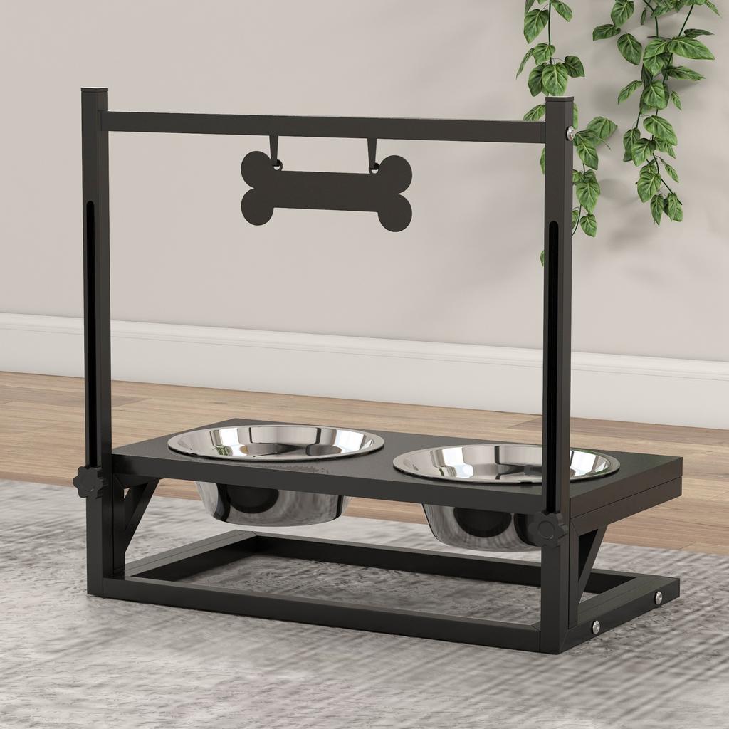 Raised Dog Bowl Stand with Adjustable Height, 2 x 900ml Stainless Steel Bowls, Black