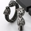 Gothic Elastic Double Lion Head Open Bangle Cuff Men Bracelet For Man 12MM Stainless Steel & Leather Twist Chain Men's Bracelets