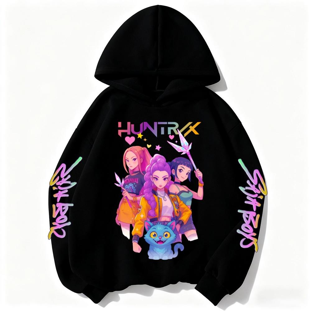 Cute Girls Hooded Sweatshirt Warm Rumi KPop Demon Hunter Cartoon Children's Wave Fashion Casual Tops Casual Black Pink Clothing