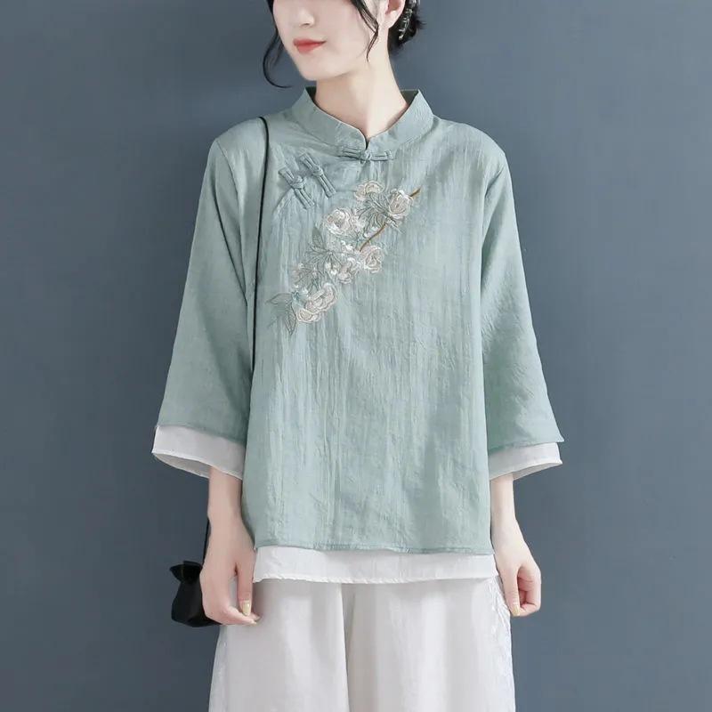 Women's Chinese Style Linen Blouse Floral Embroidery Mandarin Collar 3/4 Sleeve Casual Top