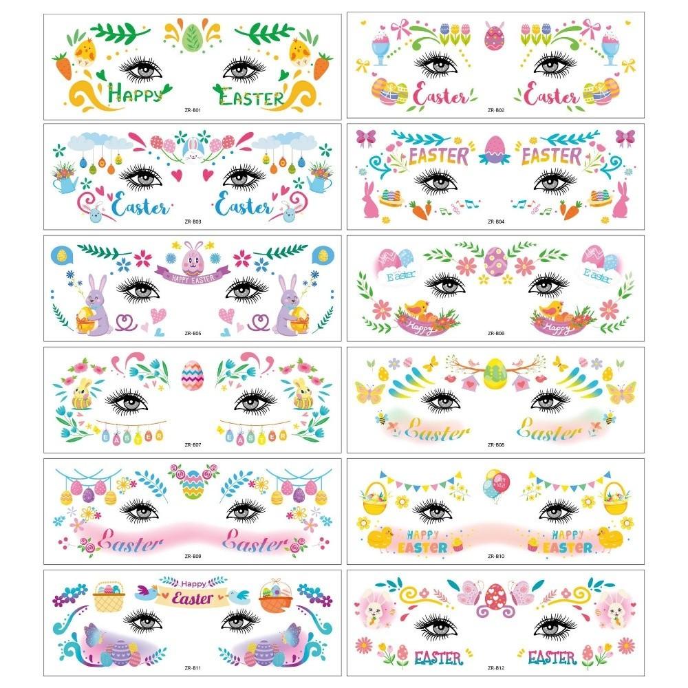 12pcs Long Lasting Easter Egg Face Temporary Tattoos Easter Bunny Makeup Stickers Amusement Park