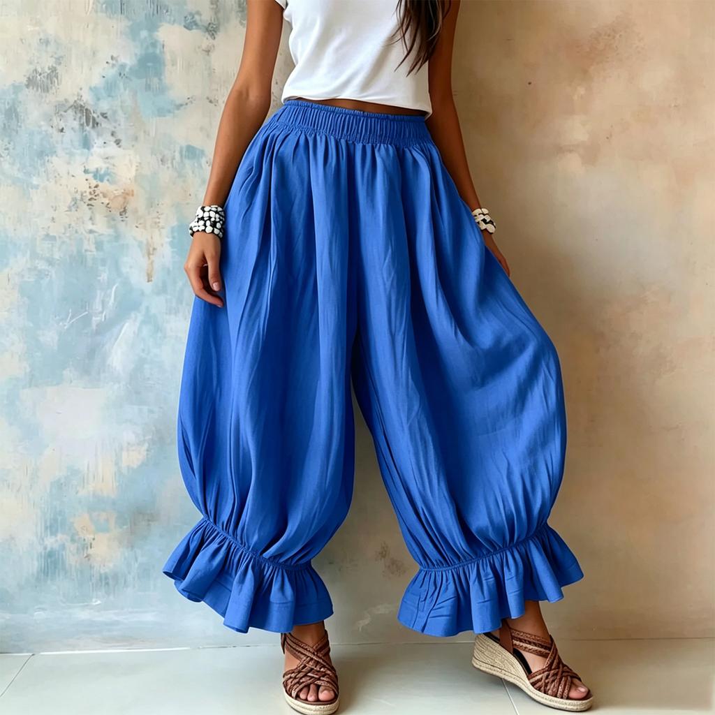 Women's Solid Color Lantern Pants Casual Summer Ruffle Hem Wide Leg Loose Fit Elastic Waist Trousers