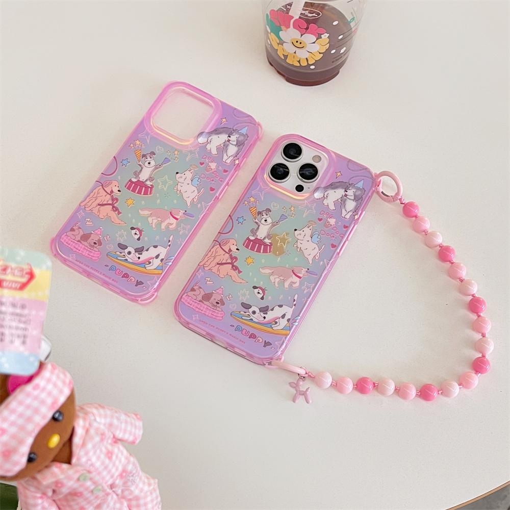 

For iPhone 15 Pro Max Case IMD Cartoon Dogs TPU Phone Cover with Beaded Strap As Shown A