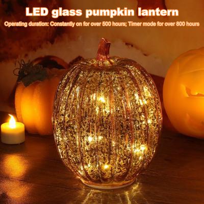 Glass Pumpkin Lanterns Battery Operated Halloween Pumpkin Lights LED Twinkling Lamp W/ Timer Halloween Decorations Desk Ornament
