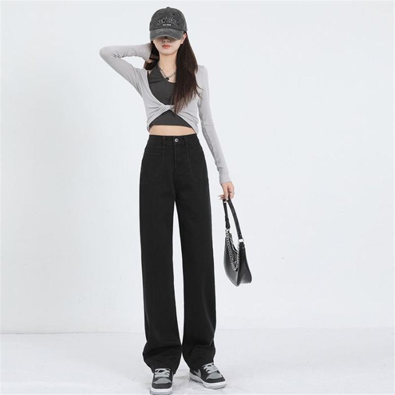 

2025 Retro Nostalgic High-Waisted Black/Grey Wide-Leg Denim Women s Floor-Length Pants S