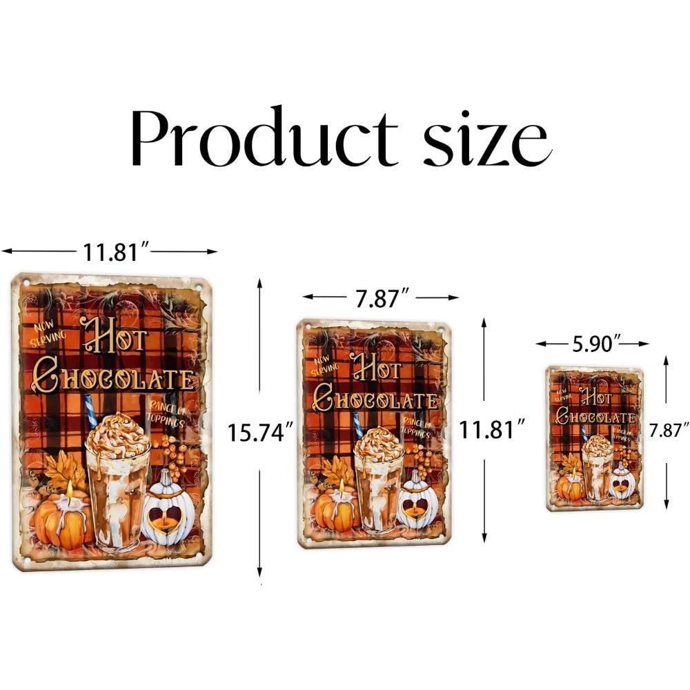 Halloween Pumpkin Hot Cocoa Tin Sign - Retro Gingham Shabby Chic, Metal Logo Wall Art for Cafe Bar Home