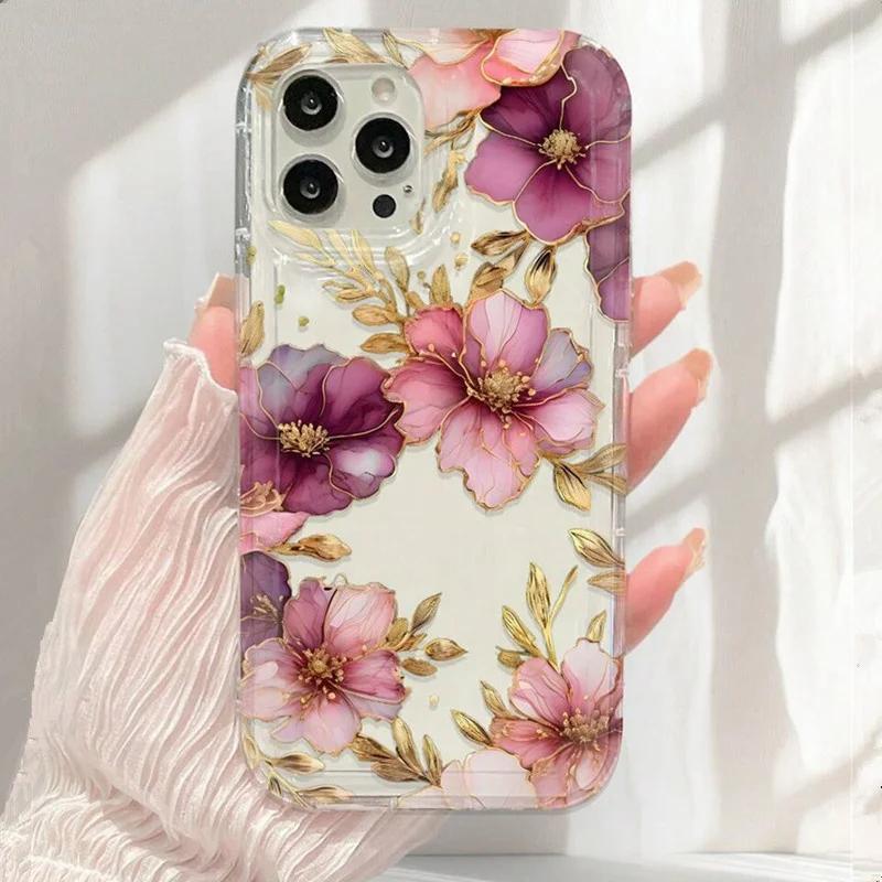 Purple Flower Printing Phone Case for Samsung S24 S23 S22 Ultra Plus S21 FE A14 A34 A15 A35 A52 A53 A54 A55 5G Soft Tpu Cover